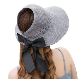IBLUELOVER Women Sun Visor Wide Brim Sun Hat UV Protection Beach Hat Rollable Foldable Empty Top Cap Ponytail Baseball Cap with Bowknot for Golf Tennis Outdoor Grey