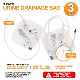 Urine Drainage Bag with 18” Extended Tube (3 Pack) - Urine Bag with Anti-Reflux Chamber with Splash-Resistant Drain Spout - 2000 mL Vinyl Urine Bags for Men - 40" Tube Drainage - Stock Your Home