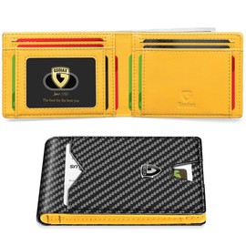 GSOIAX Mens Slim Wallet for Men Minimalist Genuine Leather Carbon Fiber Rfid Blocking Bifold  With Gift Box - Color: Yellow and Carbon Black
