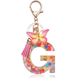OSDUE Fashion Alphabet Initial Letter Keychain, Women Tassel Butterfly Pink Purple Cute Car Keyrin, Pink and Gold Resin Alphabet Keychain, Tassel Butterfly Pendant Key Ring for Wallet (J)