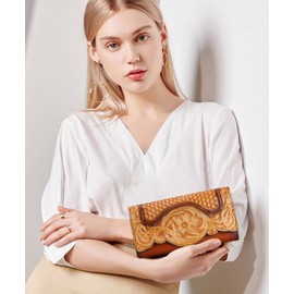 LETEULO Women's Leather Large Purse Vintage Large Long Purse Women Purse Three-Dimensional Pattern Clutch Leather with Zip, brown, Retro