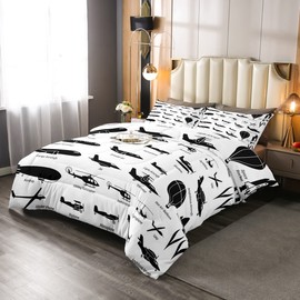 Erosebridal Airplane Comforter Set Full,Black White Airplanes Bedding Set Space Rocket Aircraft Down Comforter for Boys Kids Teens Room Decor,Helicopter Biplane Quilt Duvet Sets with 2 Pillow Cases