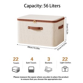 Tuza 3 Pcs Rigid Storage Bins with Zipper Lid, Cotton Linen Fabric Storage Boxes, Foldable Shelves Clothes Storage Cubes with Handles for Wardrobe, Closet(Beige, 56L)