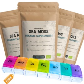 Cupplement - 4 Beutel Seamoss 60 Kapseln - Kostenlose Pillendose - Bio - 500 MG Kapsel - Superfood - Ernährung - Kein Gel, Pulver, Gummies, Irisches Moos - Seemoos - Mineralien - Algen - Seetang - See