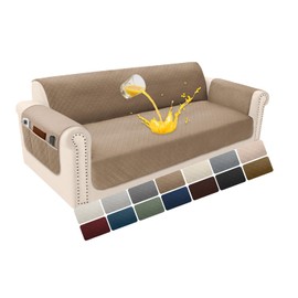 YUEVELLA Velvet 100% Waterproof Couch Cover for Dogs Washable Sofa Covers for 3 Cushion Couch Pet Friendly Sofa Slipcovers Set Non Slip Quilted Furniture Protector with Pockets (Large, Light Brown)