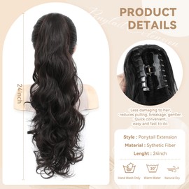JoryJazzy 24" Ponytail Extension, Long Curly Wavy Claw Clip and Natural-Looking Synthetic Hairpiece, Voluminous Pony TailHair Extensions for Women Daily Wear. (Black, 24Inch)