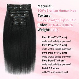 Kinky Straight Clip in Hair Extensions Real Human Hair for Women Full Head Brazilian Real Hair Yaki Human Hair Clip ins Natural Black 8pcs 20 Clips 110g/Set (12 inch)