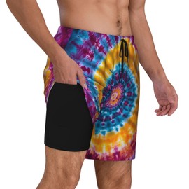 Jofuler Mens Tie Dye Bathing Suit 9 Inch Inseam Compression Liner, Quick Dry Board Shorts with Elastic Waistband X-Large