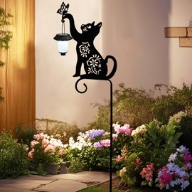 AOEIWUUP Cat Solar Lights Outdoor Garden Decoration, Cat Garden Statues, Outdoor Metal Decorative Stakes with Solar Lantern for Lawn Yard Pathway Patio Gardening Gifts