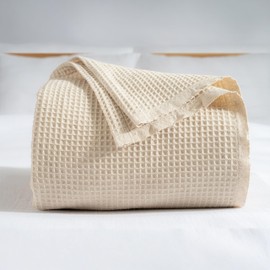 RAYME TEKSTIL - 100% Turkish Cotton Waffle Blanket Twin - Cozy, Airy, Lightweight Summer Throw Blankets - Made in Turkiye, (Natural Raw Blanket, Twin Size 70" x 90" inch)