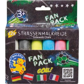 PUSTEFIX - 45020006 Malefix Street Chalks Fan Edition | 12 Bright Colours | Includes QR Code for EU Flags & Sports Motifs | High Quality Chalks | Easy to Remove with Water