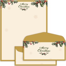 Lonfliness 50 Sets Vintage Christmas Holly Letterhead with Envelopes Christmas Border Computer Stationery paper for Note Letters to Santa Holiday Printer Paper Invitations Office School 8.5 x 11 In