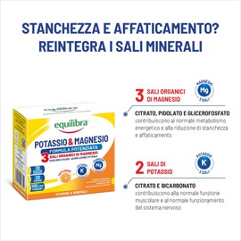 Equilibra Integratori Alimentari, Potassio e Magnesio 3 Formula Potenziata, Integratore Magnesio e Potassio per Reintegro Sali Minerali, Gusto Arancia, Senza Glutine e Senza Lattosio, 20 Bustine