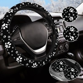 Paw Print Steering Wheel Cover for Women Men with 2 Pcs Car Coasters, Universal 14.5-15 Inch Cute Steering Wheel Covers Non-Slip Car Accessories for Girls