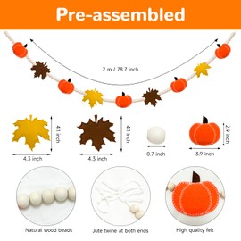 6.5FT Fall Felt Garland with Pumpkins & Maple Leaves - Autumn Wood Bead Hanging Decor Thanksgving Decorations Indoor for Fireplace, Wall, Shelf, Tray - Seasonal Home Decoration