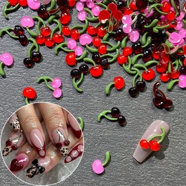 BQZQPAMZ 100Pcs Cute Cherry Nail Charms Resin Cherry Nails Rhinestones 3D Colorful Summer Fruit Nails Diamond Crystal Acrylic Nail Decorations for Women Summer Nail Art Supplies