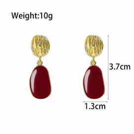 Burgundy Enamel Oval Dangle Earrings for Women Vintage Gold Hammered Geometric Drop Statement Earrings Retro Dripping Oil Earrings Red Fashion Jewelry (Gold)