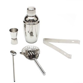 Cocktail Shaker Set - 5pcs Stainless Steel Bartending Kit with 25 Ounce Cocktail Shaker with Built in Drink Strainer, Measuring Jigger, Mixing Spoon, Hawthorne Strainer - Professional Bar Tools