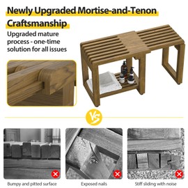 26.4'' Length Adjustable Wooden Shower Benches for Inside Shower, Waterproof Sauna Bench with Storage for Spa, 440lbs Acacia Wood Shower Bench for Bathroom, Shower Stools for Adults Seniors Elderly