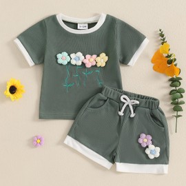MAHUAOYIXI Toddler Baby Girl Spring Summer Outfits Short Sleeve 3D Flower Embroidery Sweatshirt Pullover Top and Elastic Waist Shorts Sets 2Pcs Baby Clothes for Little Girls (Green, 12-18 Months)