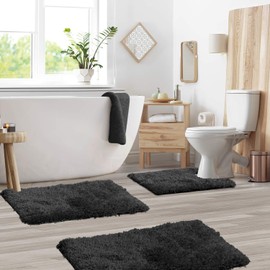 Clara Clark Shaggy Bath Rug with Non-Slip Backing Rubber Super Soft Bathmat-3 Piece Set, Black 3 Count