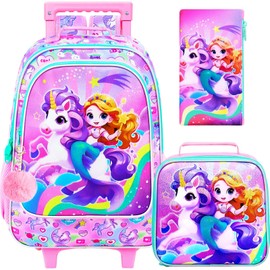KLFVB Girls Backpack with Wheels, 3PCS Kids Roller Bookbag with Lunch Bag, Wheeled School Bag for Children - Mermaid Unicorn