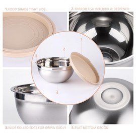 Mixing Bowls with Lids set - 26 PCS Stainless Steel Nesting Khaki Mixing Bowls Set for Baking,Mixing,Serving & Prepping,Size 5, 3.7, 2.8, 2.3, 1.7, 1.1, 0.7QT, 12 Cooking Utensils