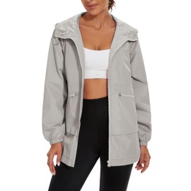 Rain Jacket Women Lightweight Waterproof Raincoat with Hood Cycling Biker Jackets, Grey White, Medium