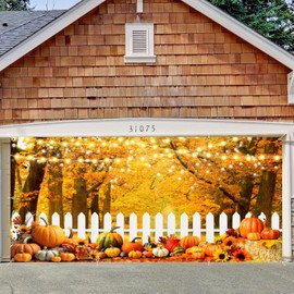 Fall Thanksgiving Garage Door Cover Decorations Backdrop, Autumn Garage Door Banner Large 7x16ft Maple Forest Pumpkin Fence 2 Car Fall Garage Door Banner Holiday Decorations Outdoor Party Background