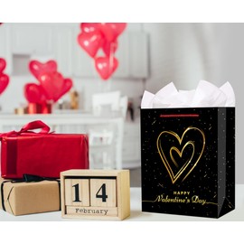 FLYAB 13" Large Valentines Day Gift Bag with Tissue Paper Happy Valentine's Day Gift Bag with Handle Romantic Anniversary Wedding Gift Bags for Her Him Girlfriend Boyfriend Wife Husband Women Men