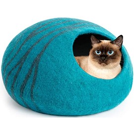 MEOWFIA Premium Felt Cat Bed Cave (Large) - Handmade 100% Merino Wool Bed for Cats and Kittens (Aqua/Large) - Eco-Friendly Premium and Personal Space for Your Indoor Cats
