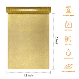 Glitter HTV Heat Transfer Vinyl Rolls - 12" x 5FT Glitter Iron on Vinyl, Easy to Cut Iron on Vinyl for Cricut & Cameo, Easy to Weed Heat Transfer Vinylby SCZENQI(Gold)