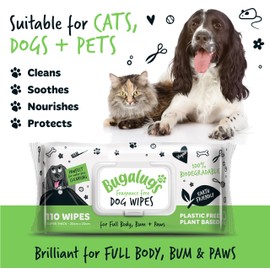 BUGALUGS BUGALUGS Dog Wipes, 100% Plastic Free Biodegradable pet wipes for full body, eye wipes, ear wipes, bum & paws. 110 sensitive dog grooming wipes for dogs, puppy & cat grooming (Fragrance Free)