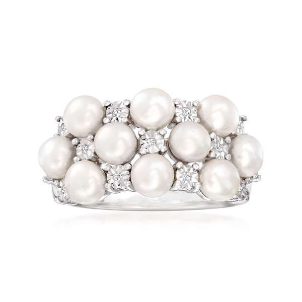 Ross-Simons 4mm Cultured Pearl Ring With Diamonds in Sterling Silver.