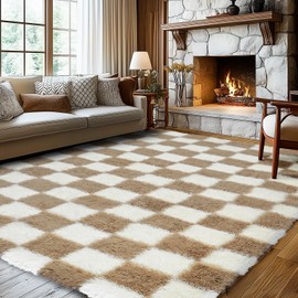 Ecoshag Soft Rugs for Living Room, 3x4.8 Ft Beige and White Checkered Fluffy Shaggy Rugs for Indoor Use, High Pile Ultra Fuzzy Rug for Bedroom Kids Nursery Rooms,Home Decor Aesthetic