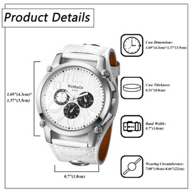 Lancardo Men Leather Cuff Watch: Large Dial Analog Quartz Black Wide Strap Steampunk Motorcycle White Wristwatch Luminous Hands