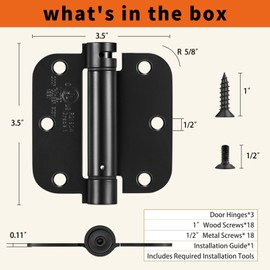 PTSOC Self-Closing Spring Loaded Door Hinges 3.5 Inch - Adjustable Tension for Garage/Front/Back/Indoor Doors, UL Listed Left & Right Hand Hinge, 5/8'' Radius Corners, Matte Black (3 Pack)