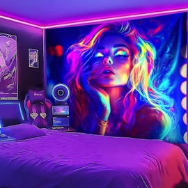 BVBOX Wall Tapestry Cool Girl Tapestry Blacklight,UV Reactive Black Light Upright Posters Wall Hanging for Bedroom Dorm Living Room Backdrop Decor (style2, 90L x 70W)