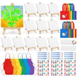 Aneco 12 Packs Valentine’s Day Gifts 4 x 4 Inch Mini Canvases for Painting with Easels Aprons Canvas Tote Bags Brushes Palettes Small Art Stretched Canvas Painting Set Painting Supplies Kit for Party