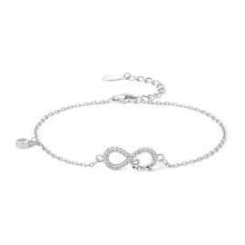ZHOU LIU FU Infinity Symbol Women's Bracelet, 925 Sterling Silver Cubic Zirconia Bracelet, Adjustable 16 + 3 cm Charm Bracelets, Gift for Her Women Mum, Sterling Silver, Cubic Zirconia