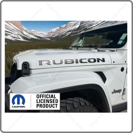 Decal Mods Rubicon Hood Graphic Vinyl Decal fits Jeep Rubicon JL/JT (2018-2024) Matte Black w/Metallic Silver Outline (Set of 2) CMS | UV1R3