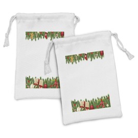 Ambesonne Christmas Fabric Pouch Set of 2, Celebration Borders Fir Tree Classic Garland Gingerbread Man Lollipops Presents, Small Drawstring Bag for Toiletries Masks and Favors, 9" x 6", Multicolor