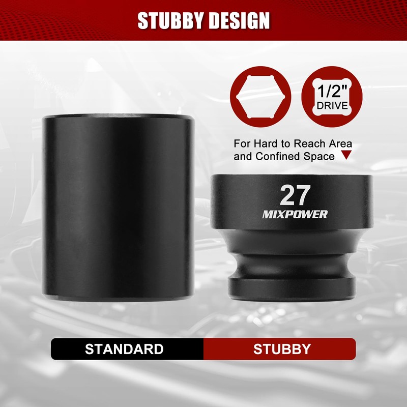 MIXPOWER 1/2" Drive Stubby Impact Socket,CR-MO,27mm,6-Point,Metric,Radius Corner Design, Axle Nut