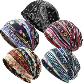 SATINIOR 5 Pieces Women's Slouchy Beanie Chemo Hat Stretch Cancer Head Wraps Sleep Head Scarf for Cancer Patient(Attractive Color,Striped Style)