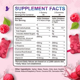 Kids Magnesium Gummies, Magnesium Glycinate Gummies for Kids & Adults with L-Theanine, Chamomile, Licorice, Vitamin D, B6 for Sleep, Relaxation, Brain & Muscle, Sugar Free Raspberry 60ct