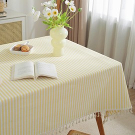 meioro Tablecloths Striped Tassel Table Cloth Rectangular Tablecloth Cotton Linen Table Cover Suitable for Home Kitchen Decoration (Yellow/White Stripes, 130×180cm)