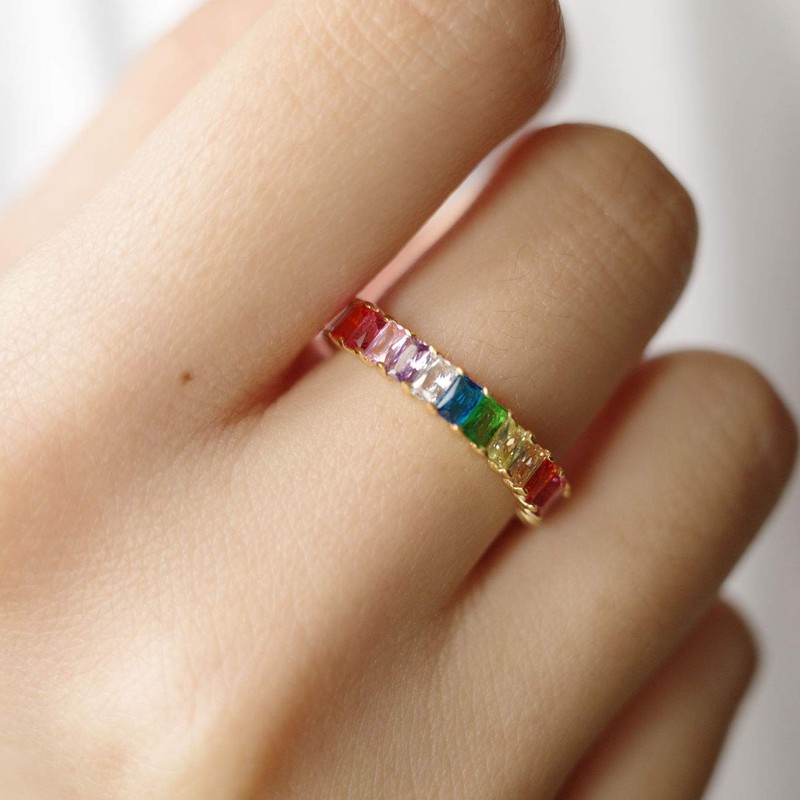 Michooyel 18K Gold Plated Emerald Cut Eternity Band Ring Rainbow