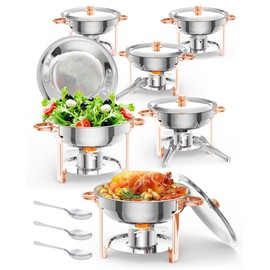 5QT 6 Packs Chafing Dish Buffet Set, NSF Round Stainless Steel Chafers and Warmers Food Servers Sets with Lid & Lid Holder, Spoon & Tweezer for Catering Events Parties Weddings Dinners, Rose Gold