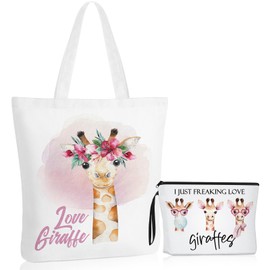 Sieral 2 Pcs Giraffe Makeup Bag Giraffe Tote Bag Giraffe Cosmetic Bags Giraffe Portable Zipper Pouch and Canvas Tote Bag Reusable Giraffe Lover Gift for Girl Women Travel Funny Shopping, White