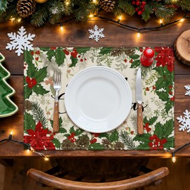 OTOSTAR Christmas Placemats Set of 6, 12x18 Inch Christmas Poinsettias Leaves Place Mats Seasonal Winter Xmas Holiday Home Party Kitchen Dining Table Mats